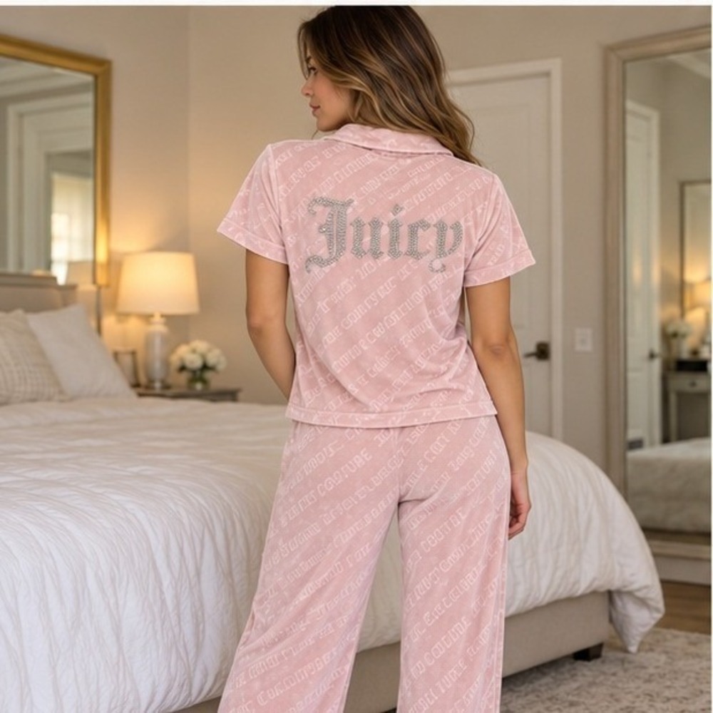 Juicy Couture Pajama Set Large Pink Velour Rhinestone Logo Short Sleeve Pants